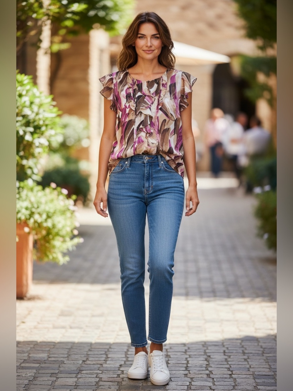 Apt. 9 Floral Print Ruffle-Sleeve Blouse in Pink and Brown